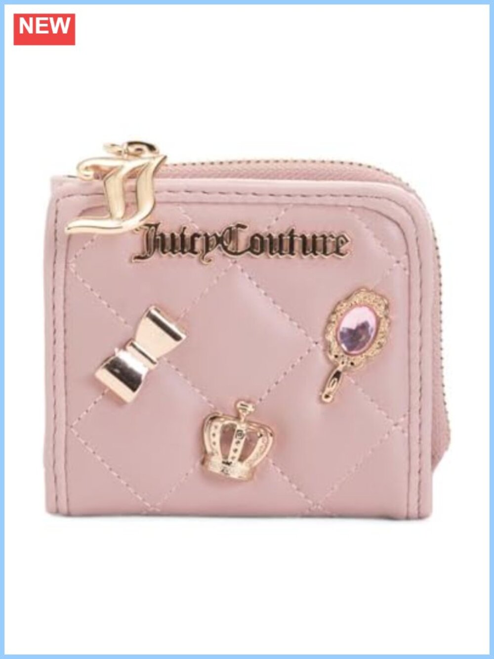 Quilted Zip Card Case Jewel Embellished Gold-Tone Compact Wallet
